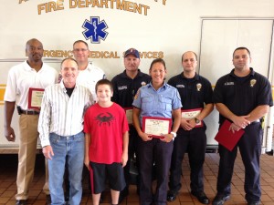 Pictured left to right are Mr. Troy Brown, Mr. John Bengough, Sr., Captain James Kunath, John Bengough, Jr., Firefighter Michael Dorsey, Firefighter/EMT-I Mary Poulis, Firefighter David M. Pennell II and Firefighter/Paramedic Brian Turchetta. (Courtesy photo)