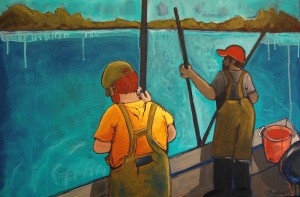 Jennifer Wilkinson Rynbrandt, "Oystermen: Big Boys in Rubber Pants", Acrylic on canvas for Holiday Shoppe at West Annapolis Artworks